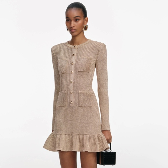 self-portrait Gold Lurex Knit Mini Dress Size Medium - MSRP $610 -  NWT - Picture 2 of 9